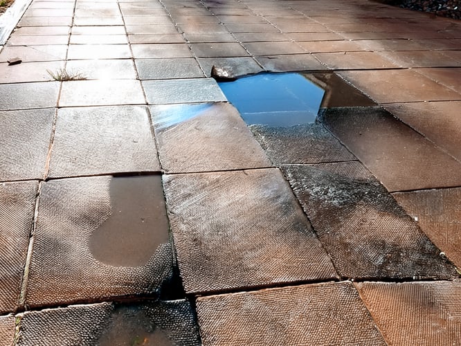 Carrelage affaissé avec eau stagnante