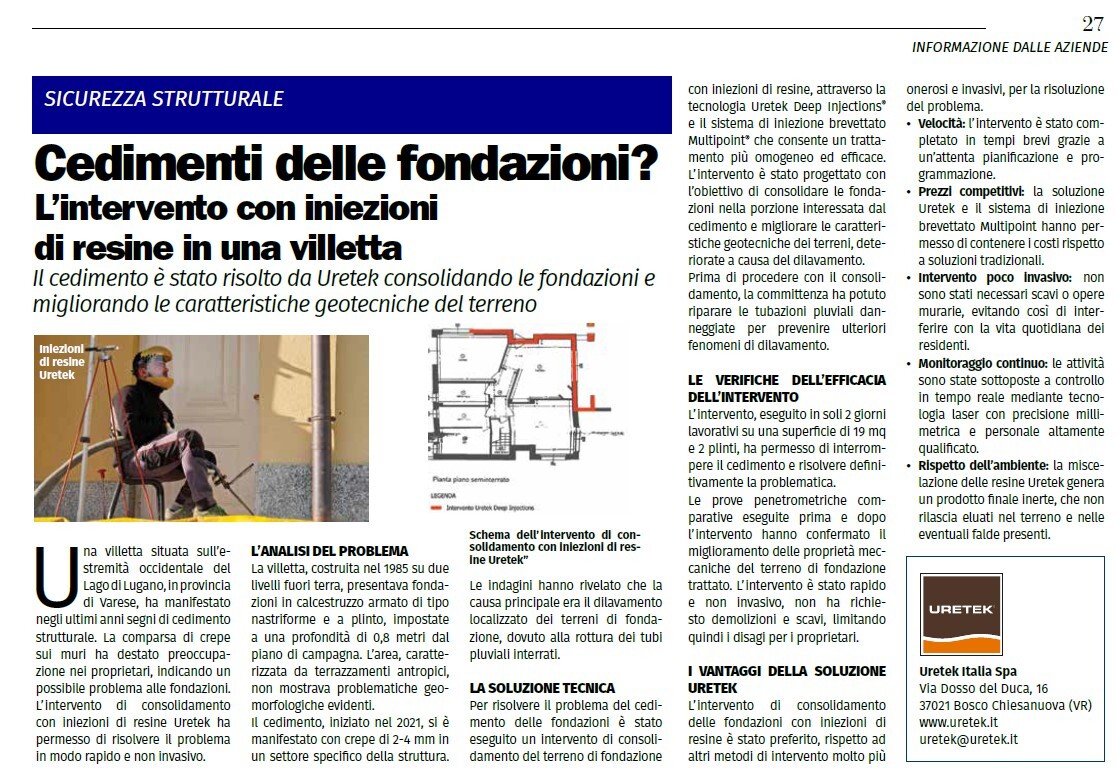 il giornale dell'ingegnere, n. 6 giugno 2025, articolo su cedimenti delle fondazioni e intervento con iniezioni di resine Uretek in un edificio residenziale a Varese
